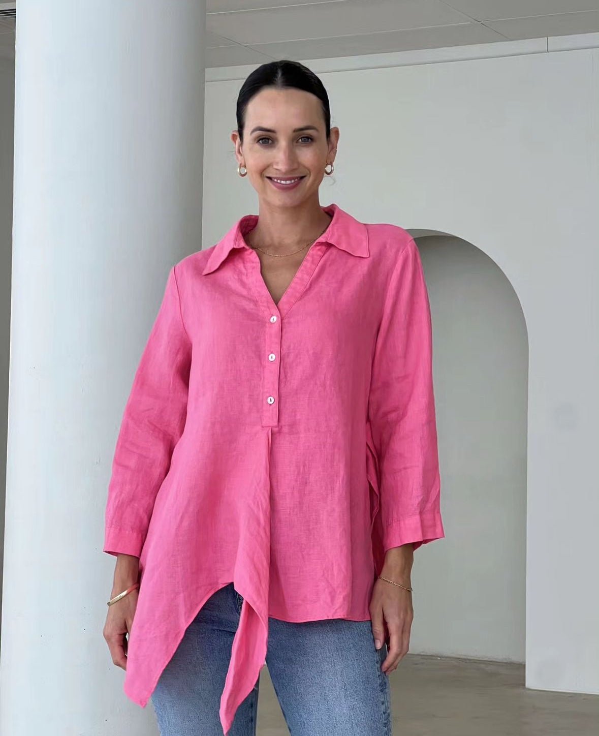 Danica Linen Top (Pink) - Something For Me​​