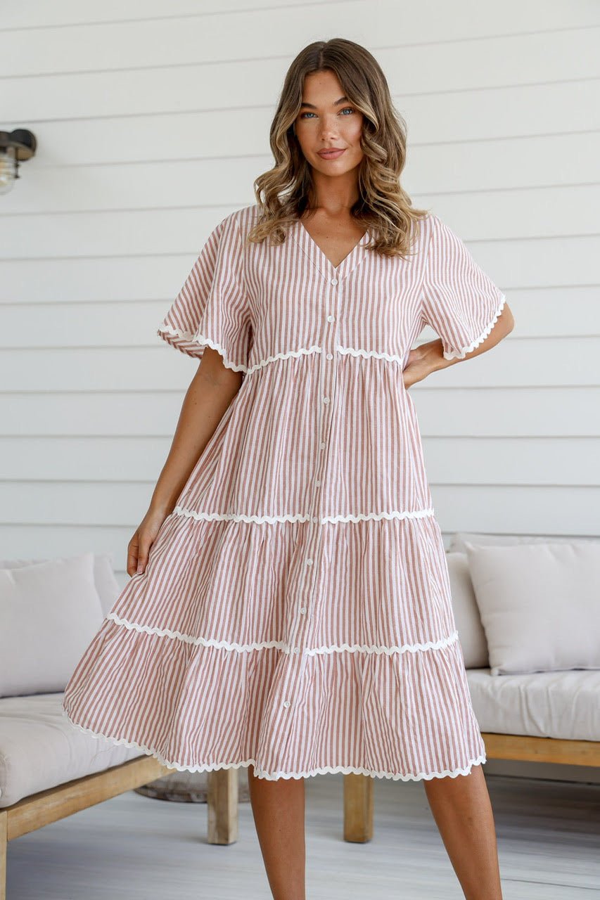Rosalie Dress w/ Ricrac Lace (Brown Stripe) - Something For Me​​